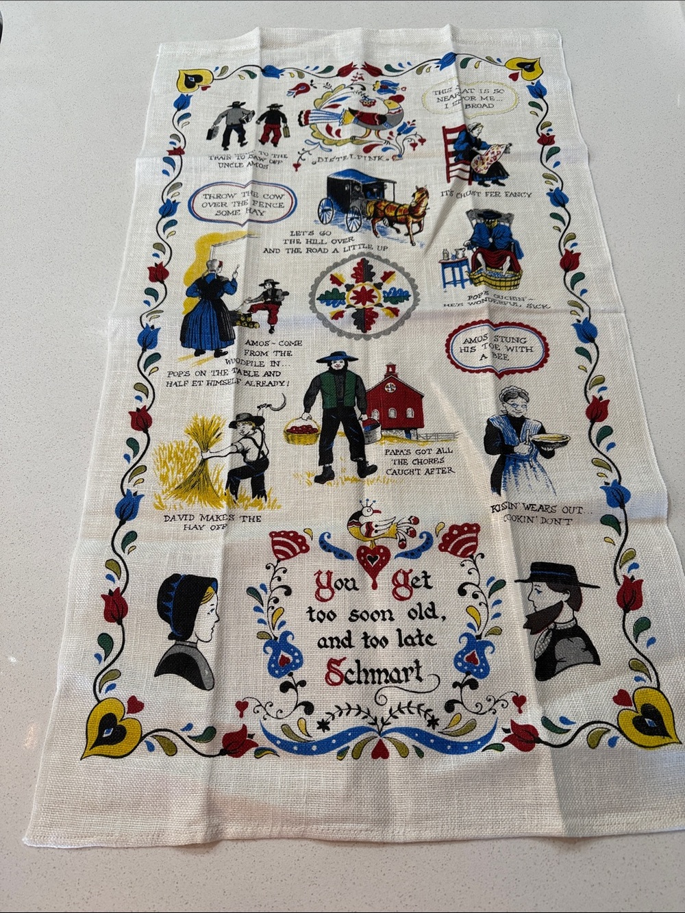 Kay Dee Amish Life Vintage Folk Art Printed Tea Towel Pennsylvania Dutch Proverb